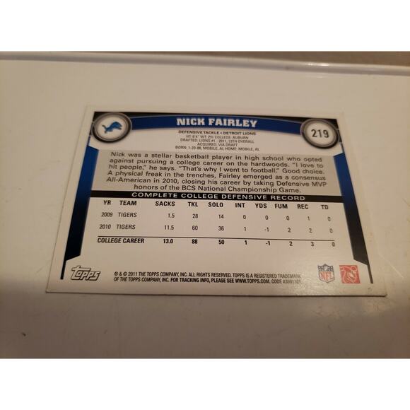 Nick Fairley 2011 Topps #219 - Rookie Card RC Detroit Lions DT Auburn - white - Picture 2 of 6